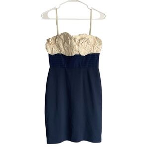 BCBG Maxazria Carbon Combo Appliqué Cocktail Dress Strapless Mini Sz 4